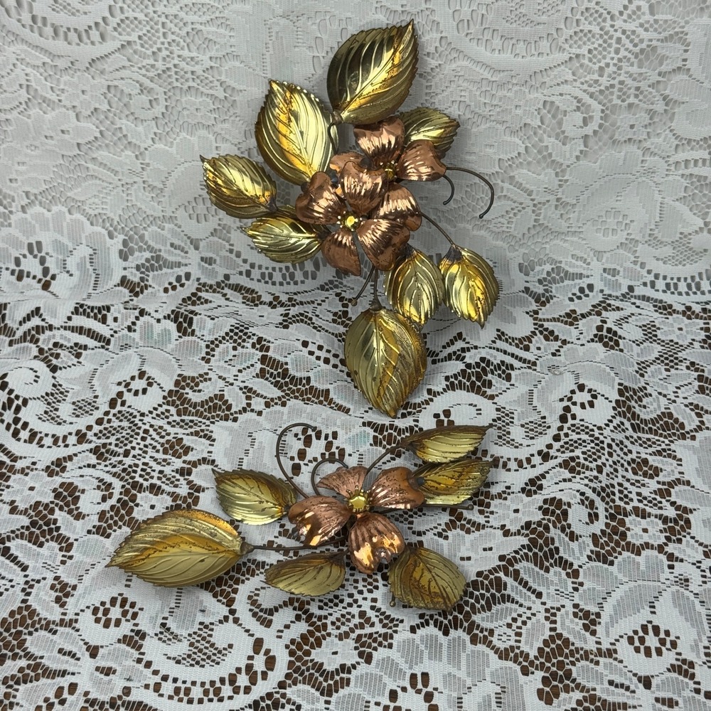 Vintage Mixed Metal Floral Wall Art Set Gold Brass Copper Leaves 2 Piece MCM